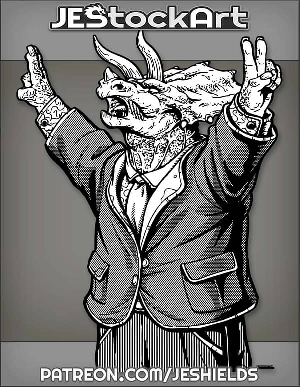 Mutant Saurian Dinosaur In Suit Holding Up Peace Signs by Jeshields