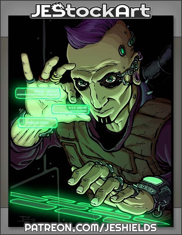 Cyberpunk Hacker With Dark Eyes Using Digital Screen And Keyboard by Jeshields