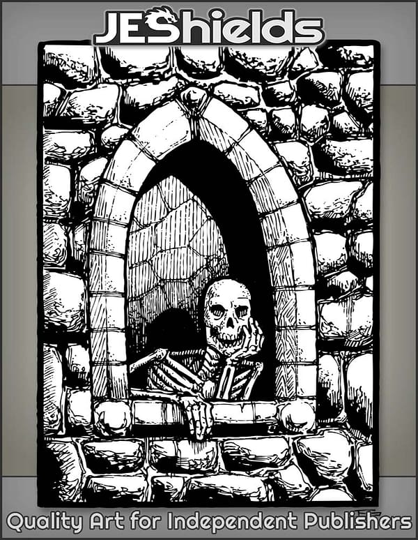 Skeleton Waiting in Stone Tower Window by Jeshields