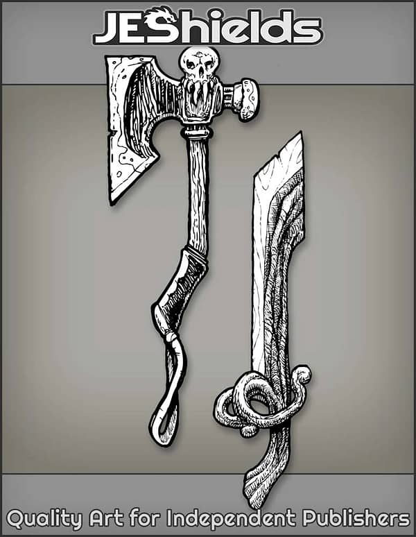 Carved Skull Ax and Wooden Sword by Jeshields